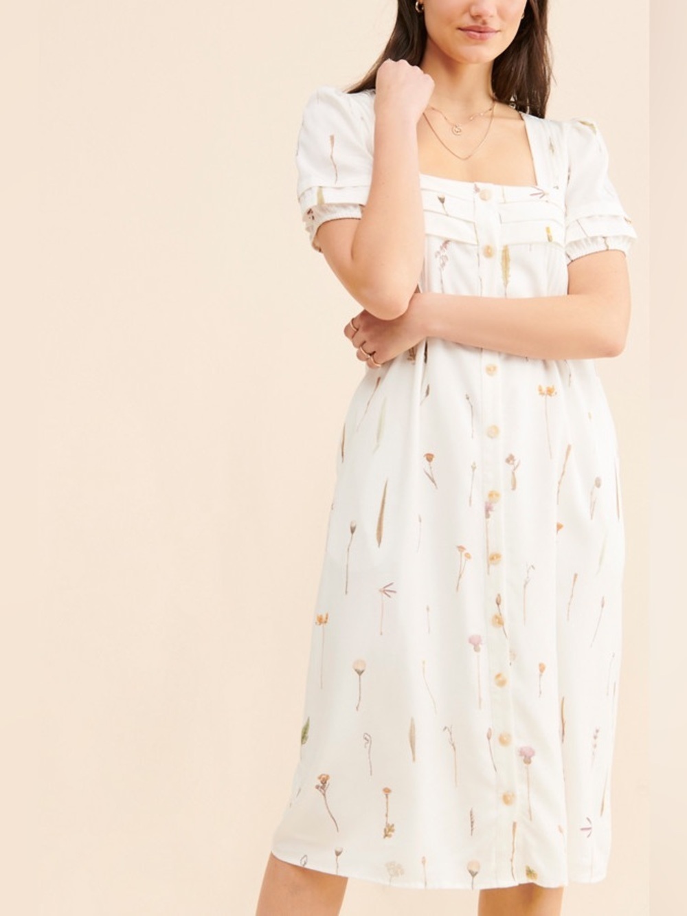 Sancia Alaia Pleated Midi Dress Neutral Floral Tencel $229 Size Small